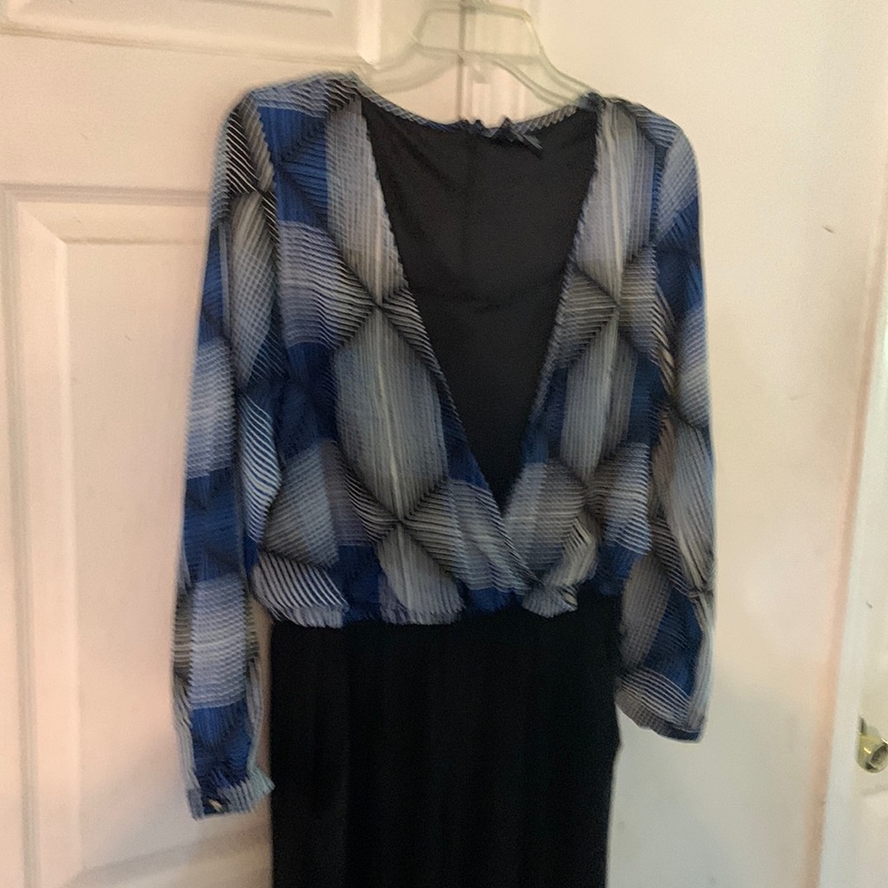 Vintage Jumpsuit, size M, black with blue and, white and and lines